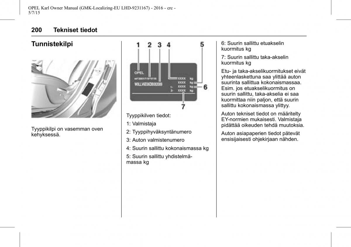 Opel Karl owners manual / page 201