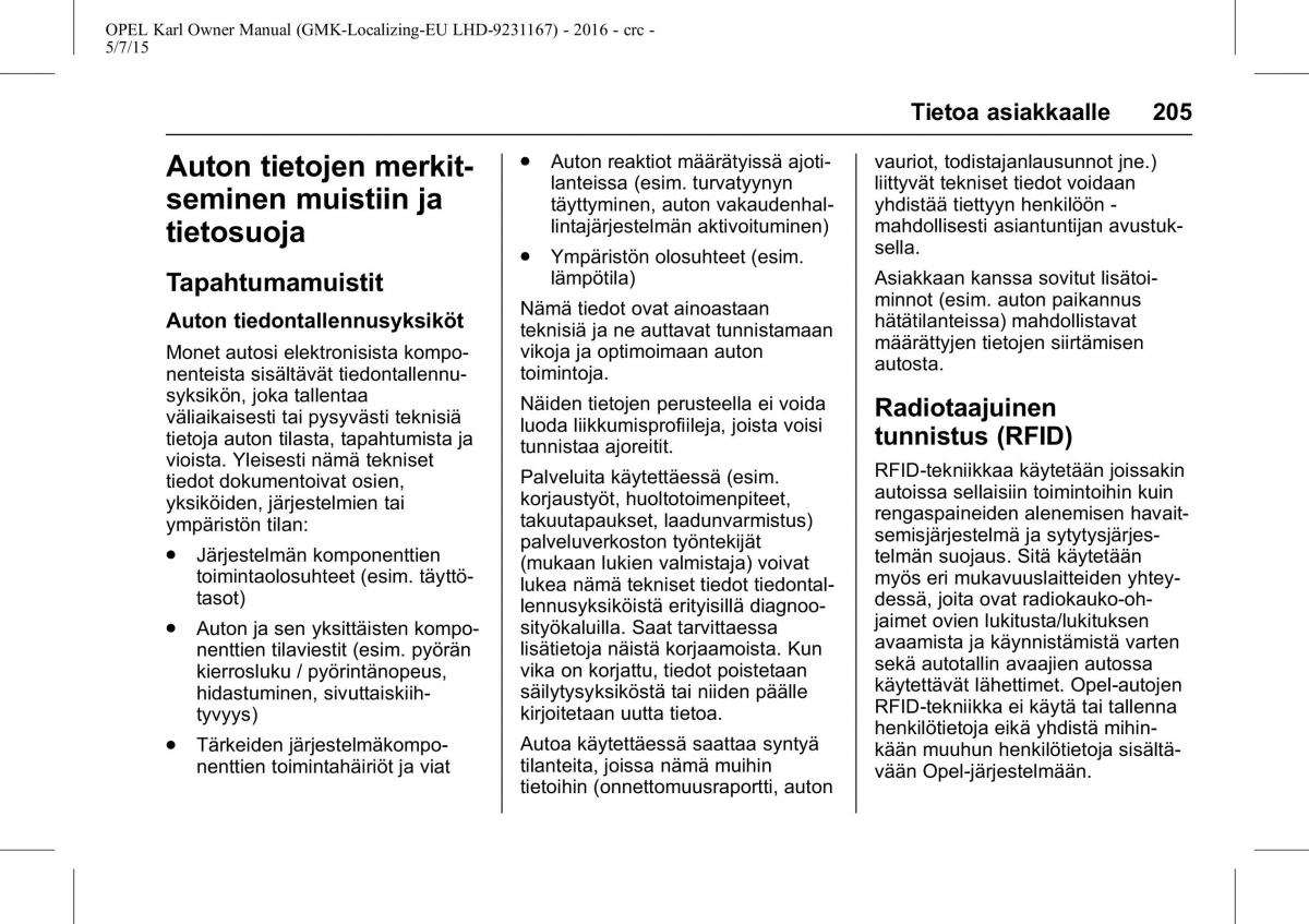 Opel Karl owners manual / page 206