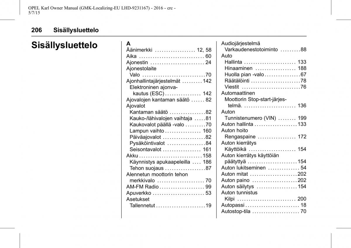 Opel Karl owners manual / page 207