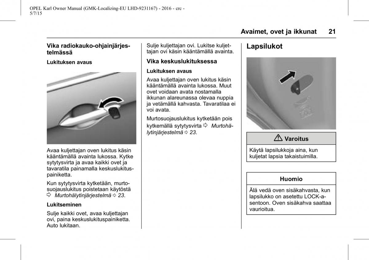 Opel Karl owners manual / page 22