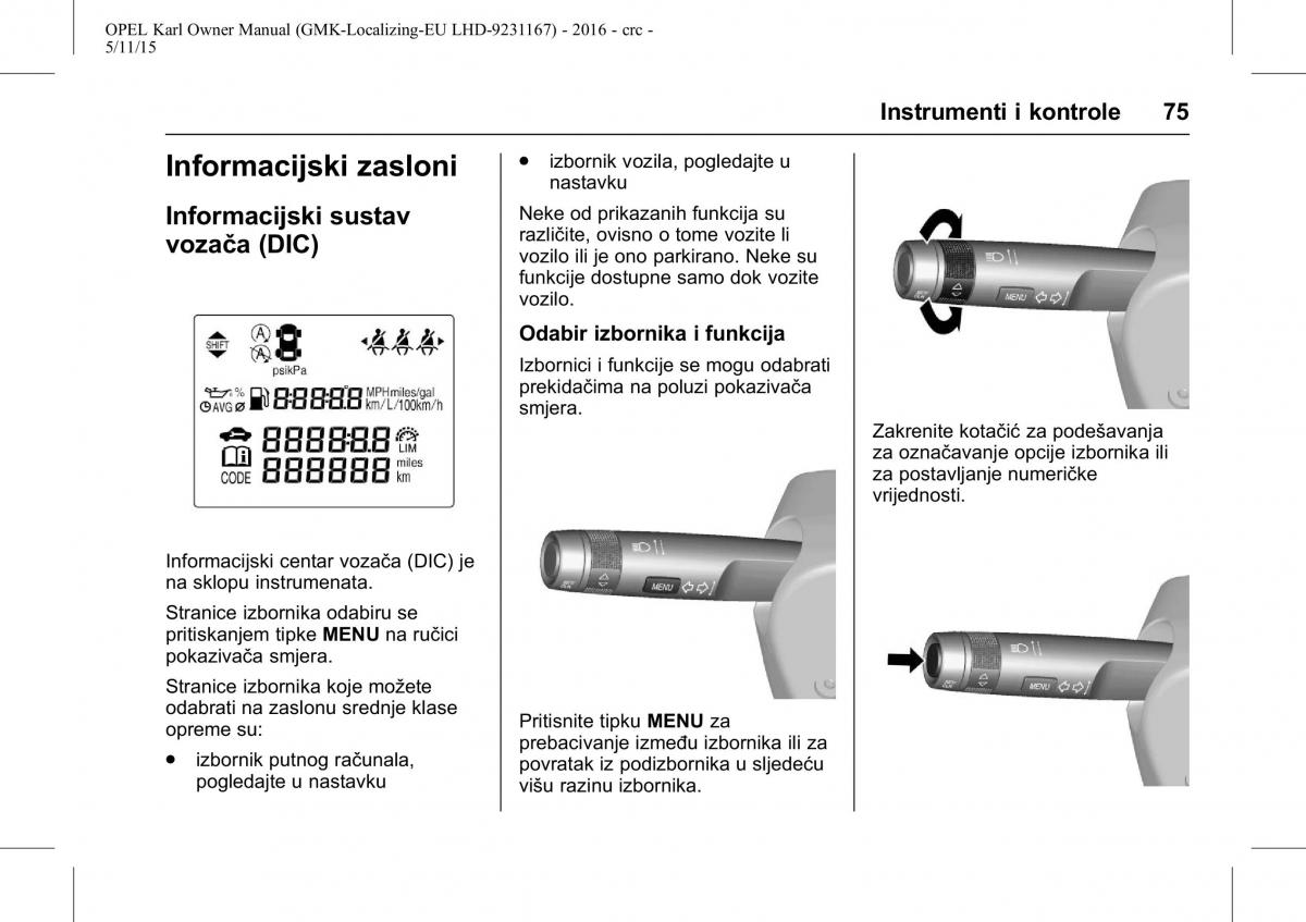 Opel Karl vlasnicko uputstvo / page 76