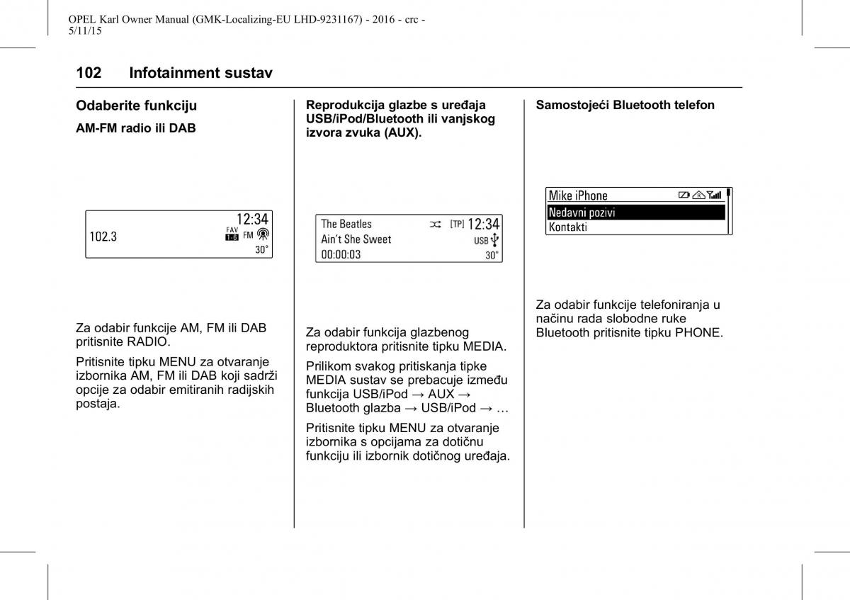 Opel Karl vlasnicko uputstvo / page 103