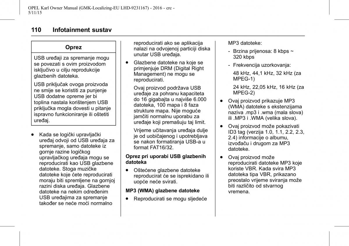 Opel Karl vlasnicko uputstvo / page 111