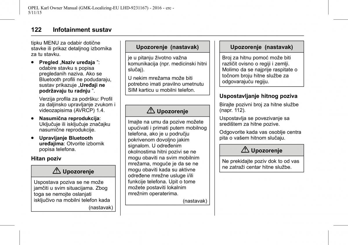 Opel Karl vlasnicko uputstvo / page 123