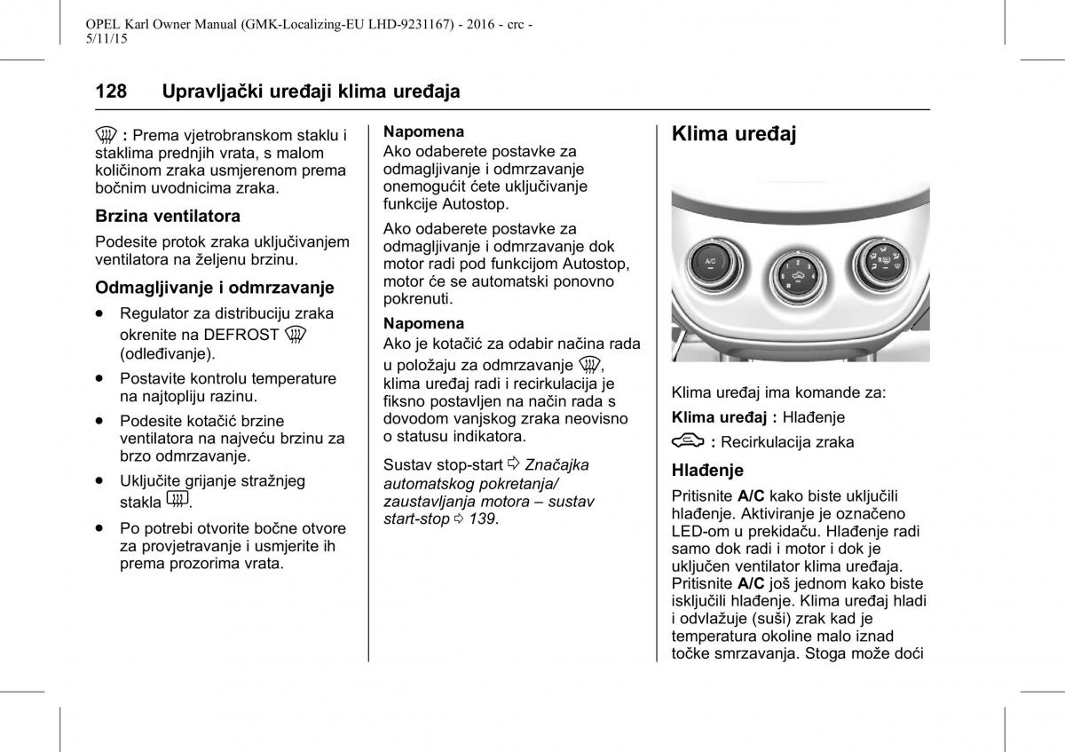 Opel Karl vlasnicko uputstvo / page 129