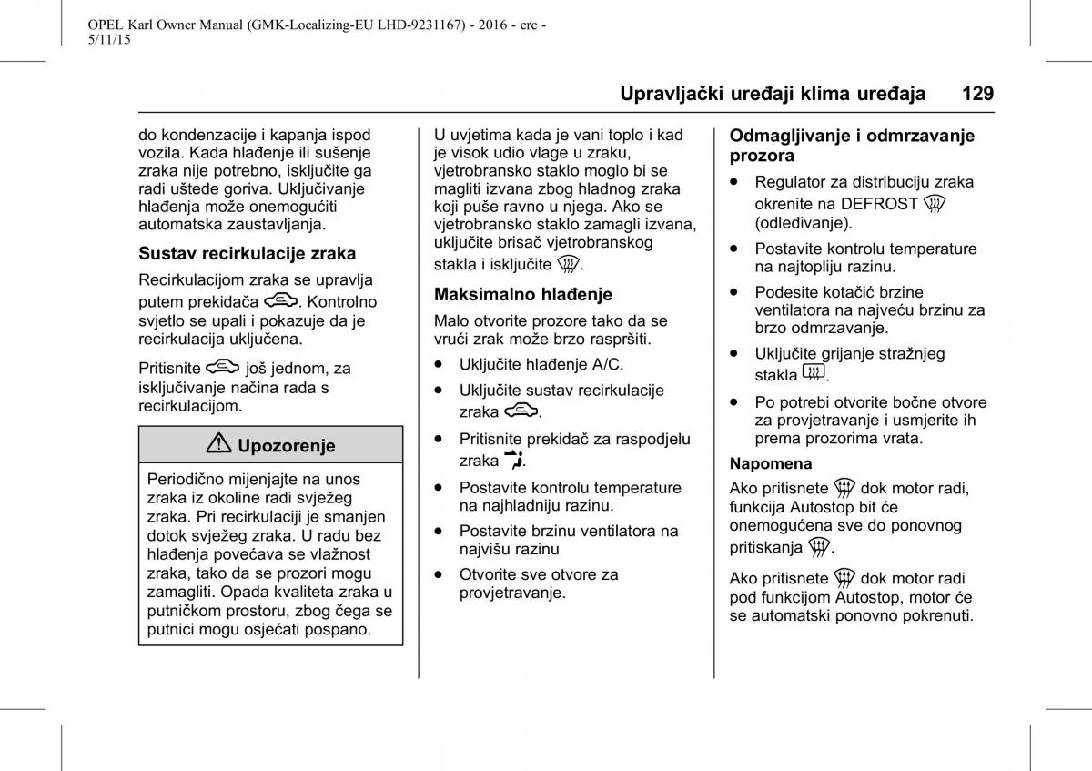 Opel Karl vlasnicko uputstvo / page 130