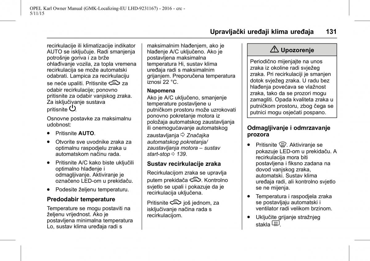 Opel Karl vlasnicko uputstvo / page 132