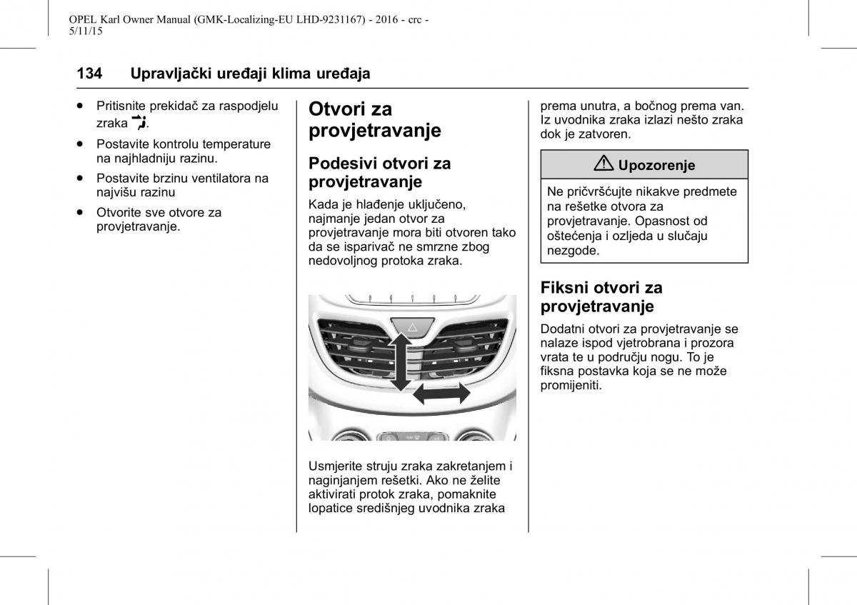 Opel Karl vlasnicko uputstvo / page 135