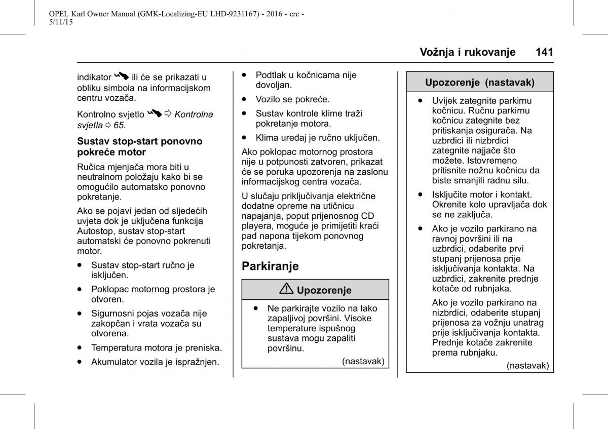 Opel Karl vlasnicko uputstvo / page 142