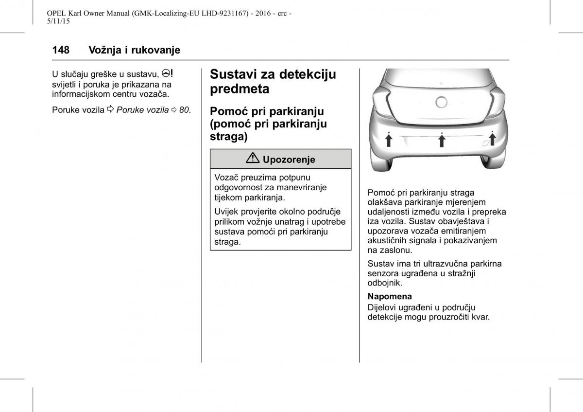 Opel Karl vlasnicko uputstvo / page 149