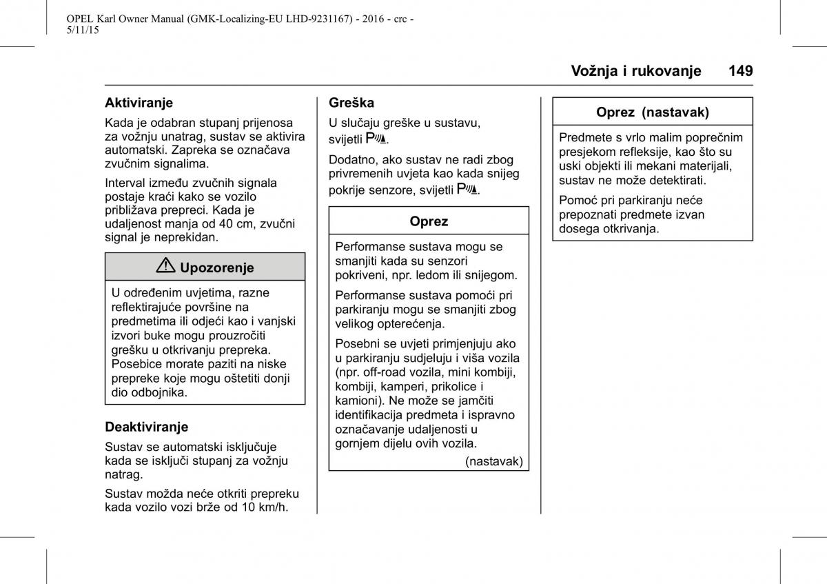 Opel Karl vlasnicko uputstvo / page 150