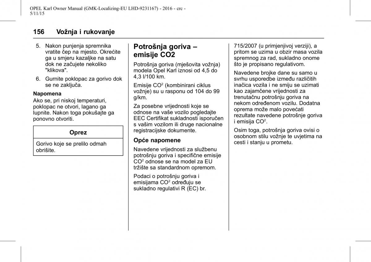 Opel Karl vlasnicko uputstvo / page 157