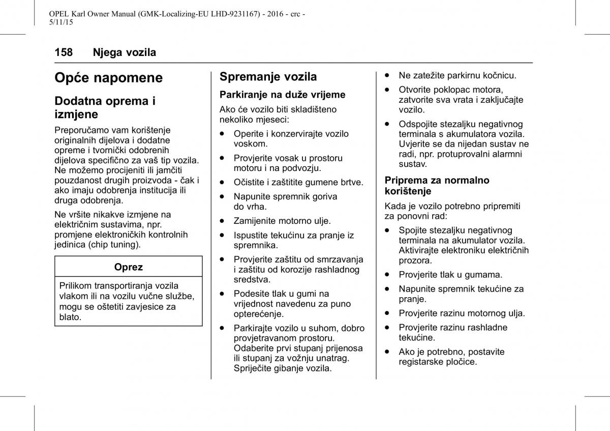 Opel Karl vlasnicko uputstvo / page 159