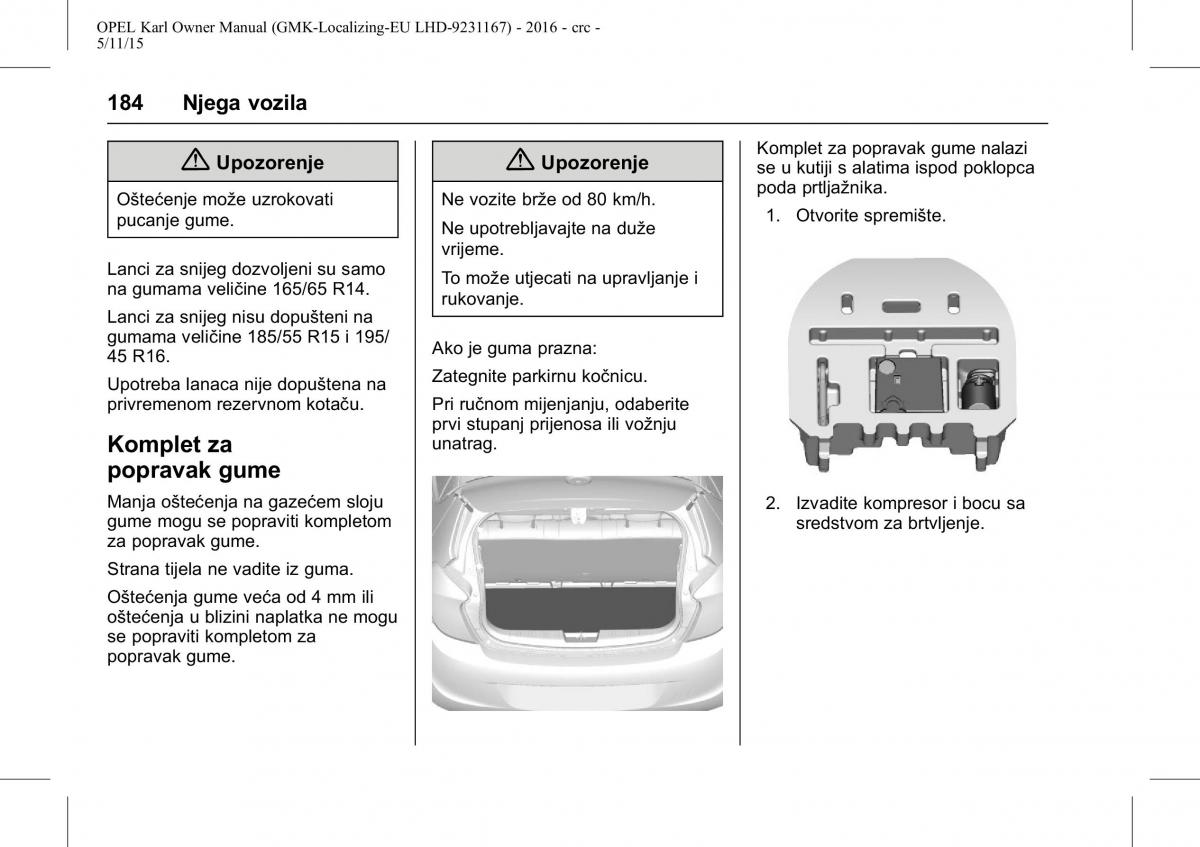 Opel Karl vlasnicko uputstvo / page 185