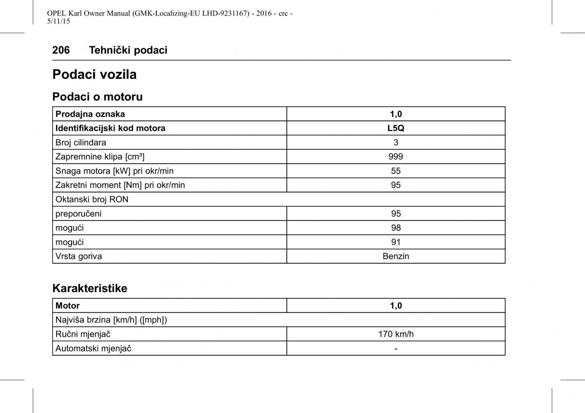 Opel Karl vlasnicko uputstvo / page 207