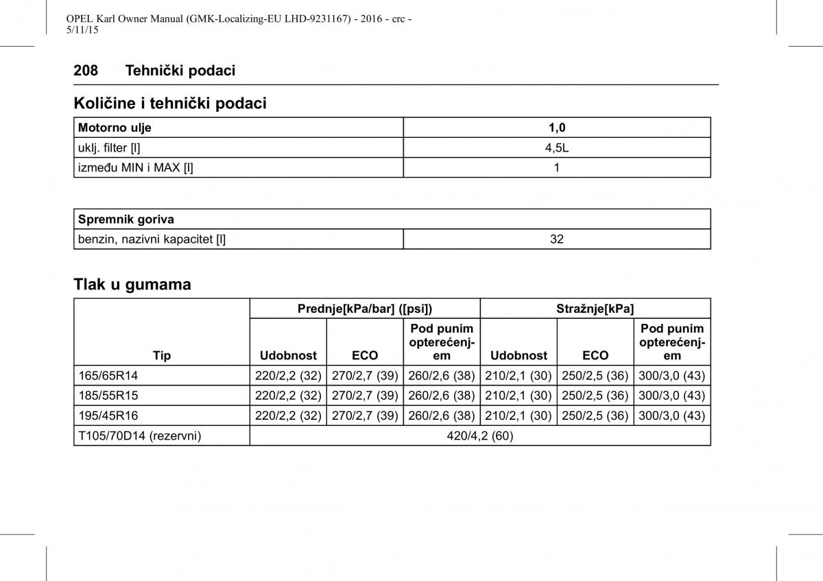 Opel Karl vlasnicko uputstvo / page 209