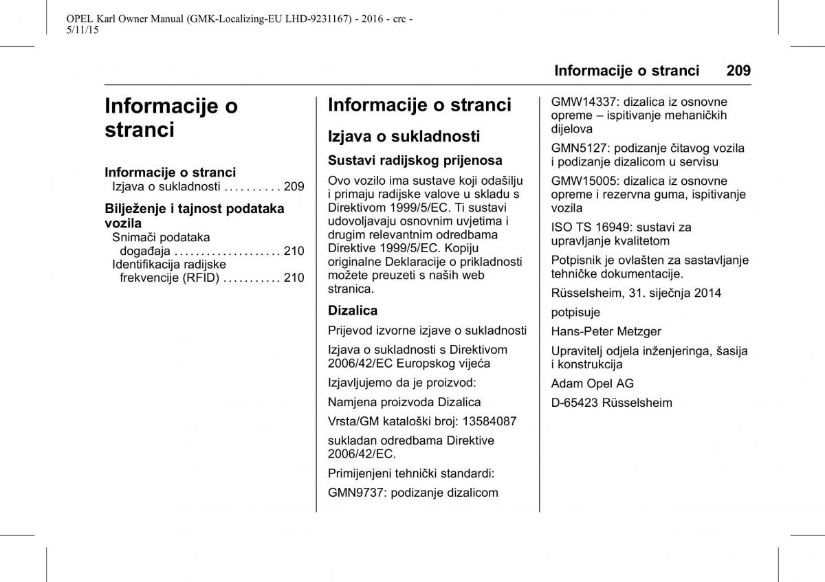 Opel Karl vlasnicko uputstvo / page 210