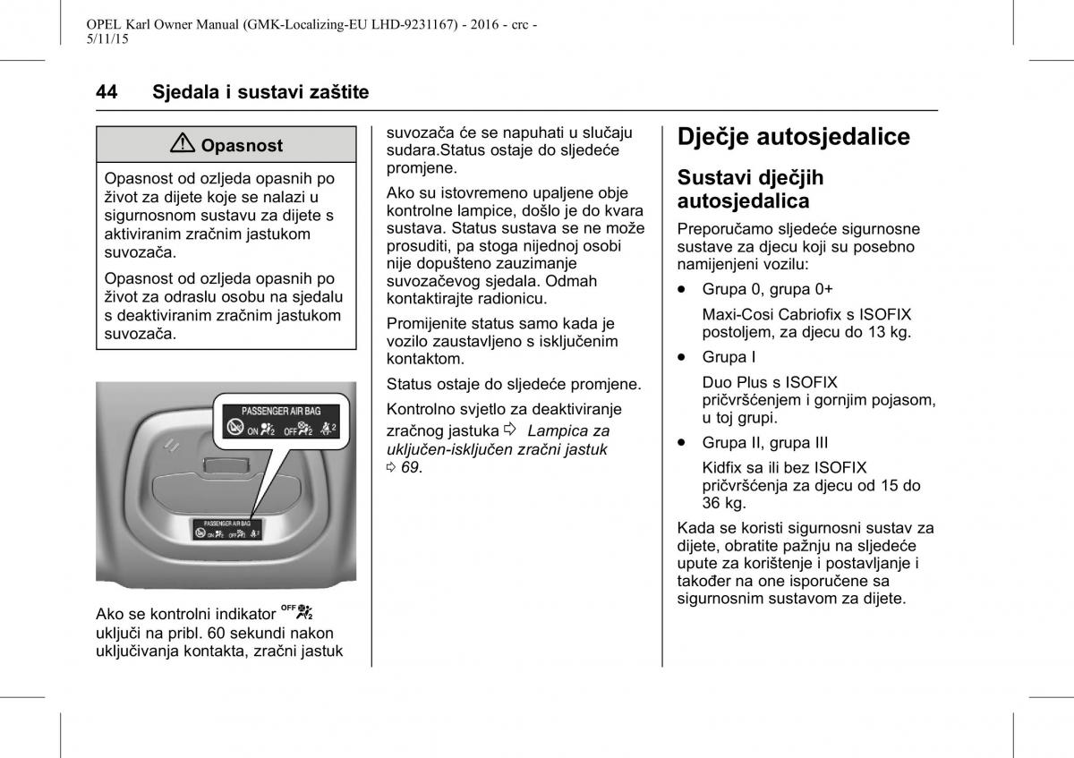 Opel Karl vlasnicko uputstvo / page 45