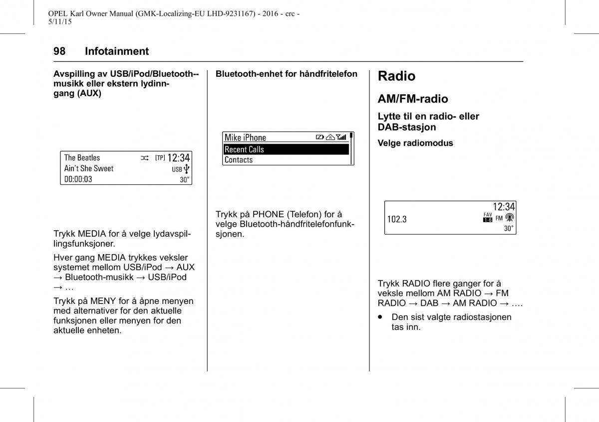 Opel Karl bruksanvisningen / page 99