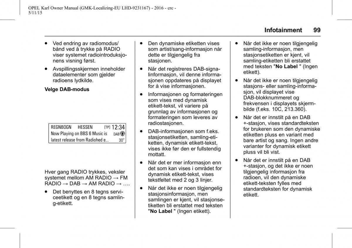 Opel Karl bruksanvisningen / page 100