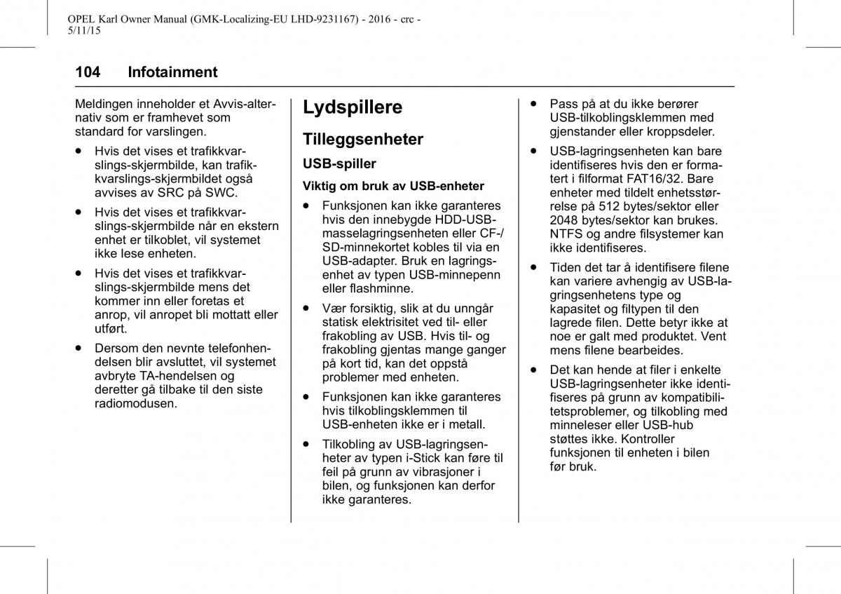 Opel Karl bruksanvisningen / page 105