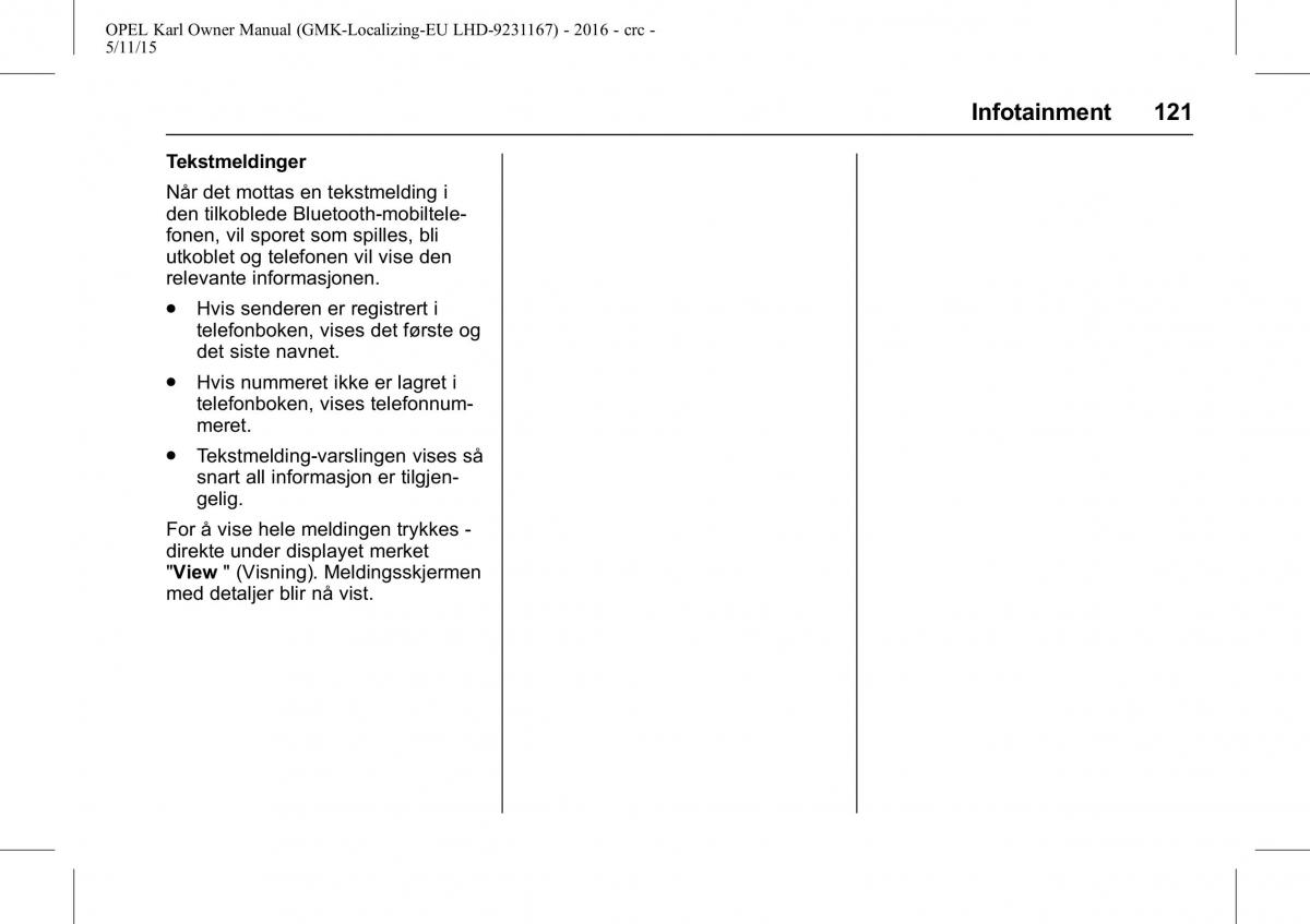 Opel Karl bruksanvisningen / page 122