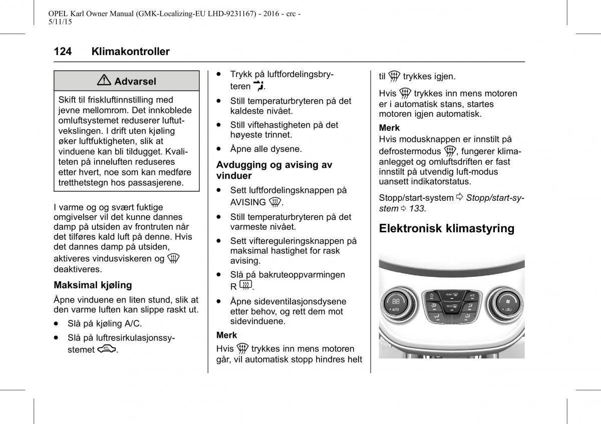 Opel Karl bruksanvisningen / page 125