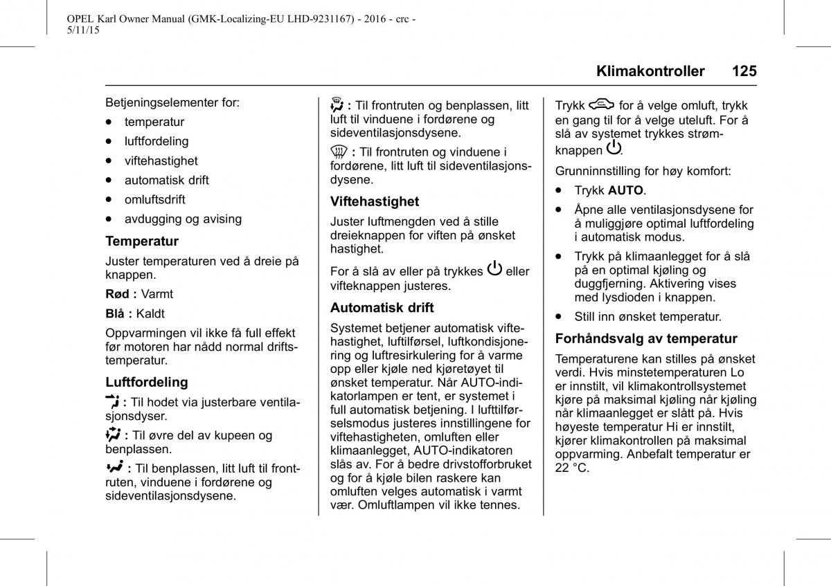 Opel Karl bruksanvisningen / page 126