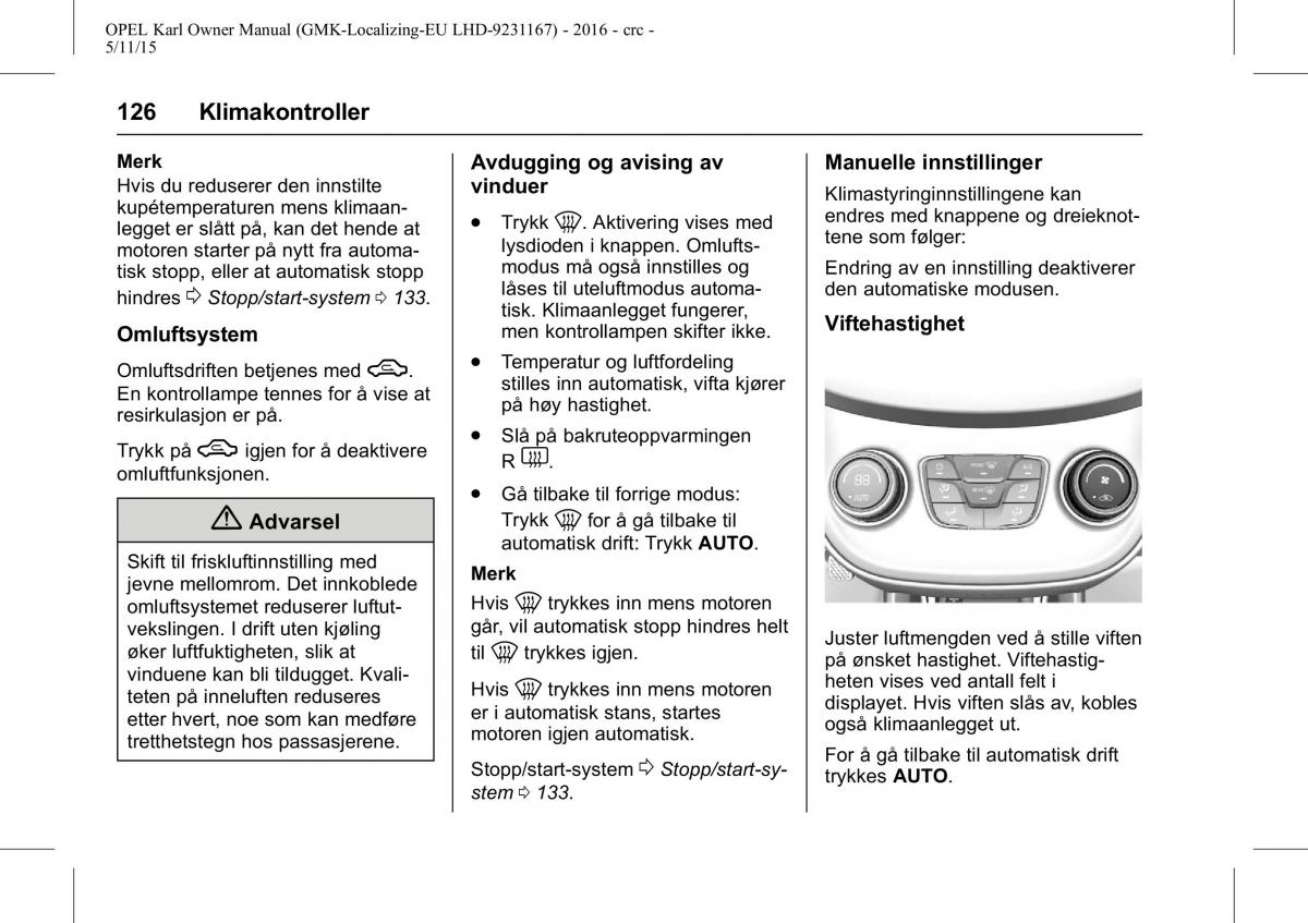 Opel Karl bruksanvisningen / page 127