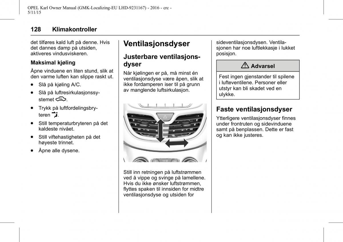 Opel Karl bruksanvisningen / page 129