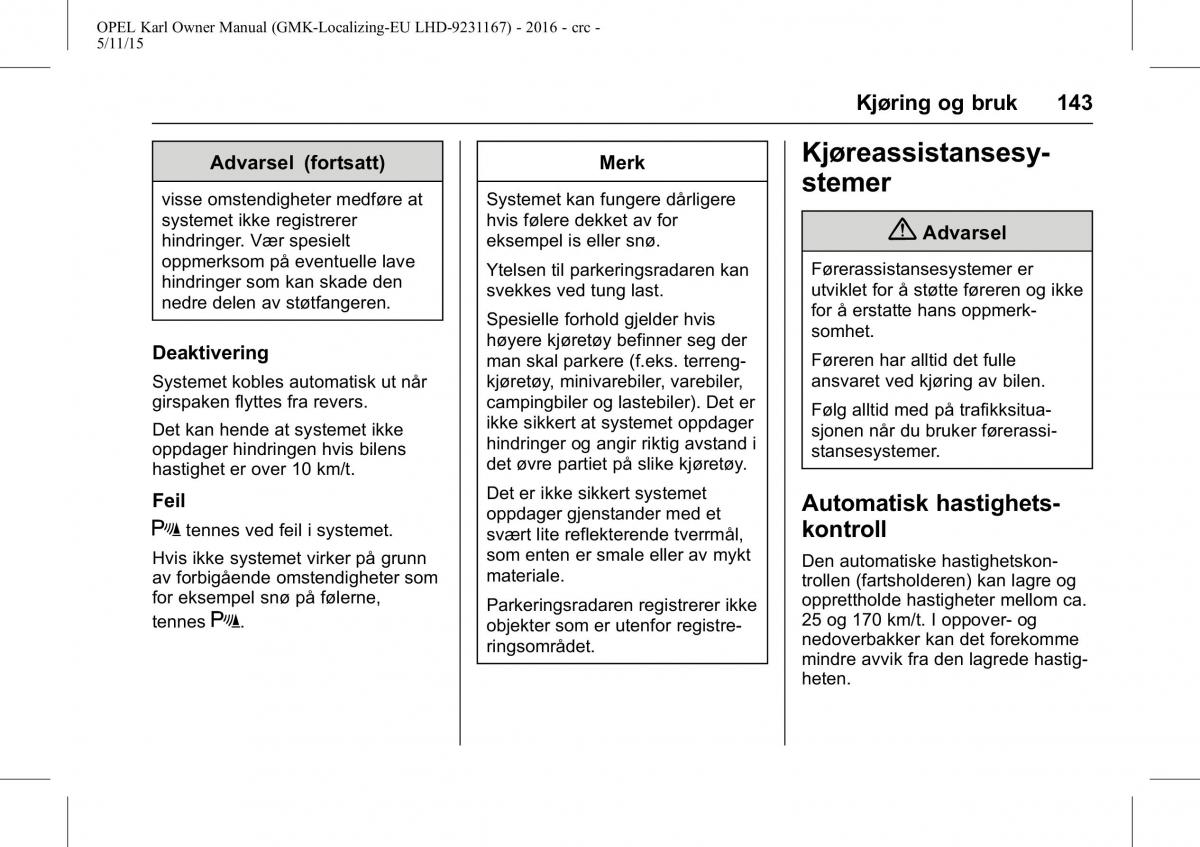 Opel Karl bruksanvisningen / page 144