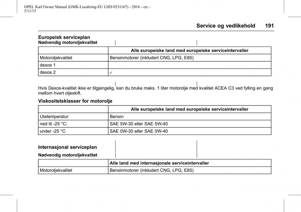 Opel Karl bruksanvisningen / page 192