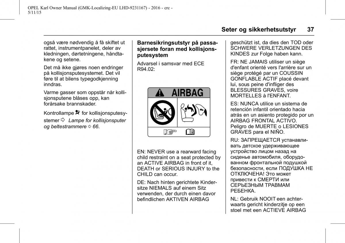 Opel Karl bruksanvisningen / page 38