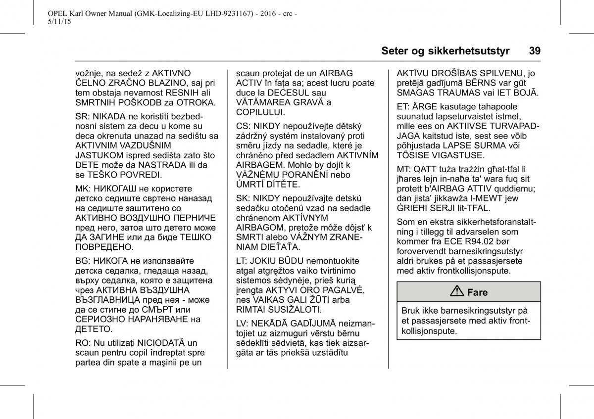 Opel Karl bruksanvisningen / page 40