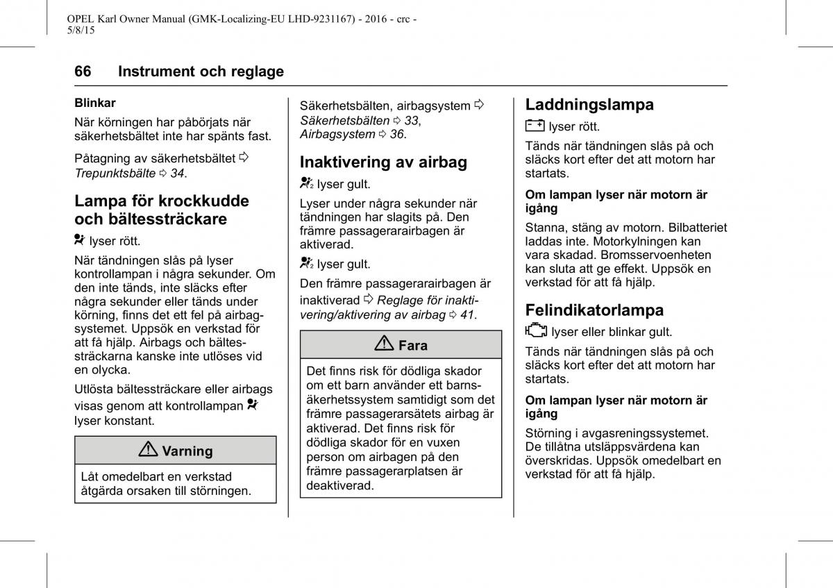 Opel Karl instruktionsbok / page 67