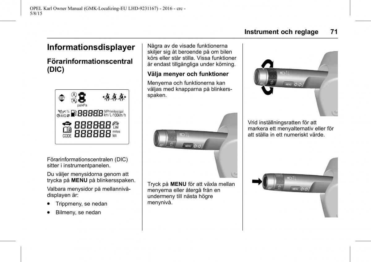 Opel Karl instruktionsbok / page 72