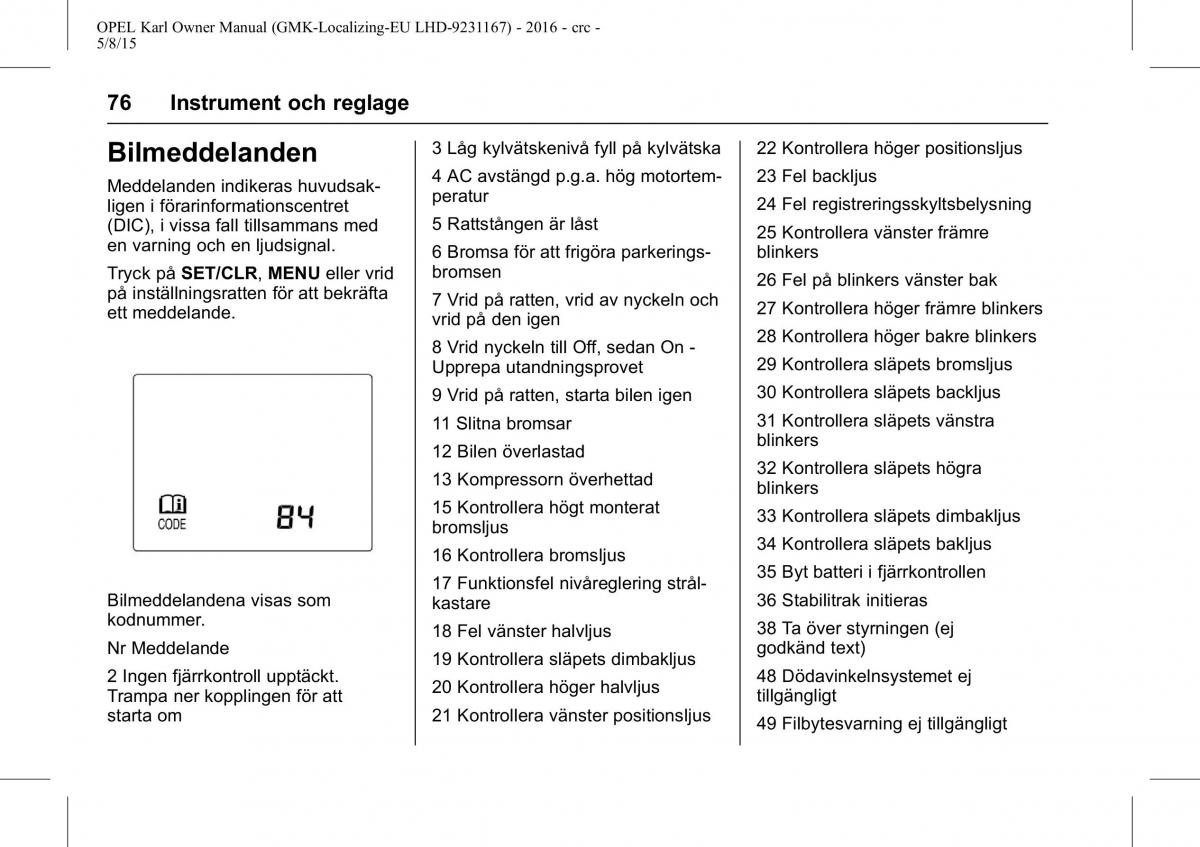 Opel Karl instruktionsbok / page 77