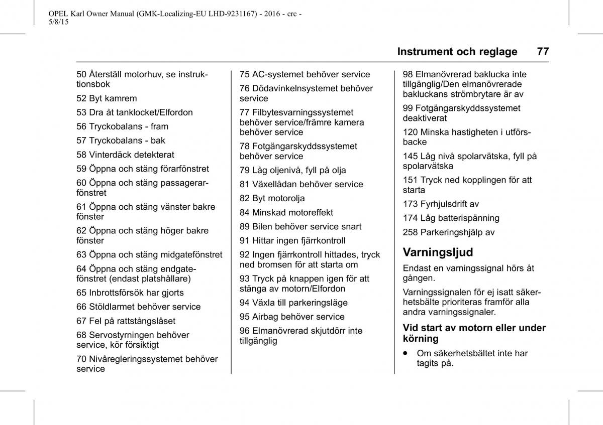 Opel Karl instruktionsbok / page 78