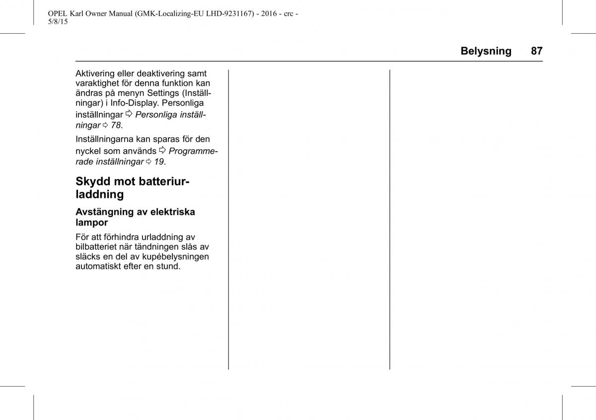 Opel Karl instruktionsbok / page 88