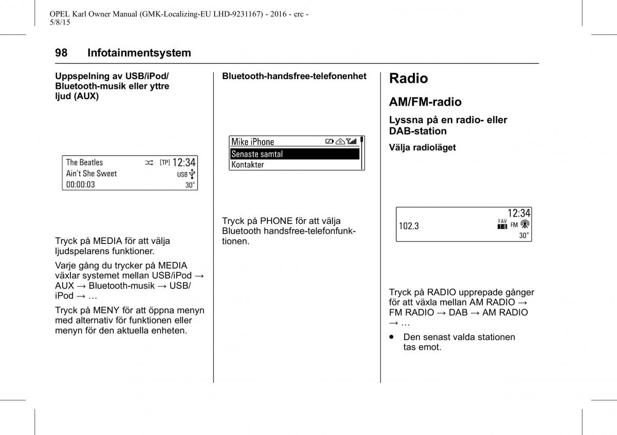 Opel Karl instruktionsbok / page 99