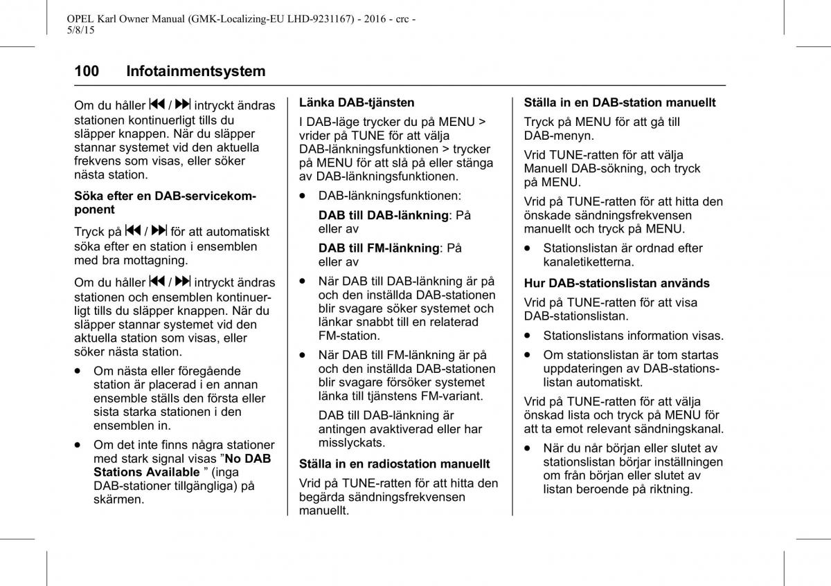 Opel Karl instruktionsbok / page 101