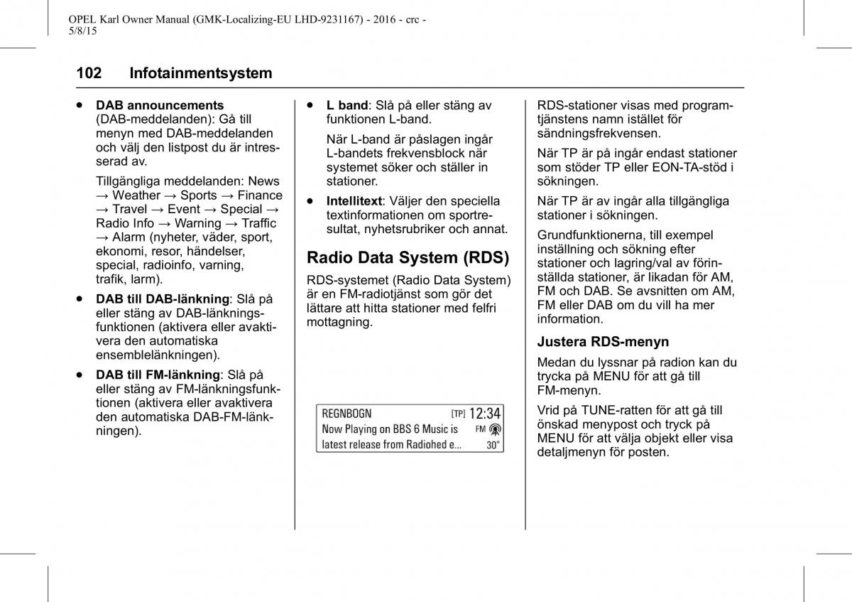 Opel Karl instruktionsbok / page 103