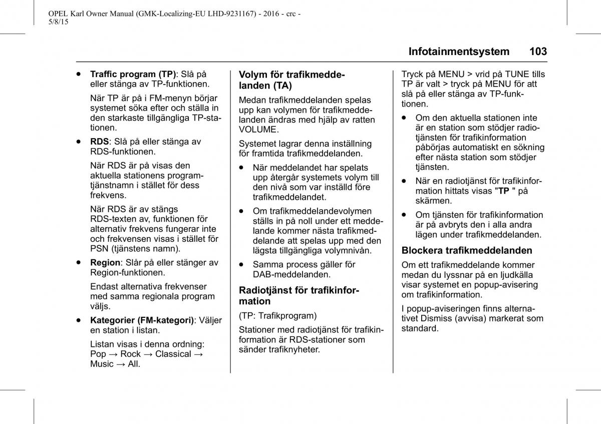 Opel Karl instruktionsbok / page 104