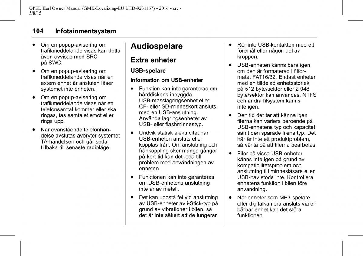 Opel Karl instruktionsbok / page 105