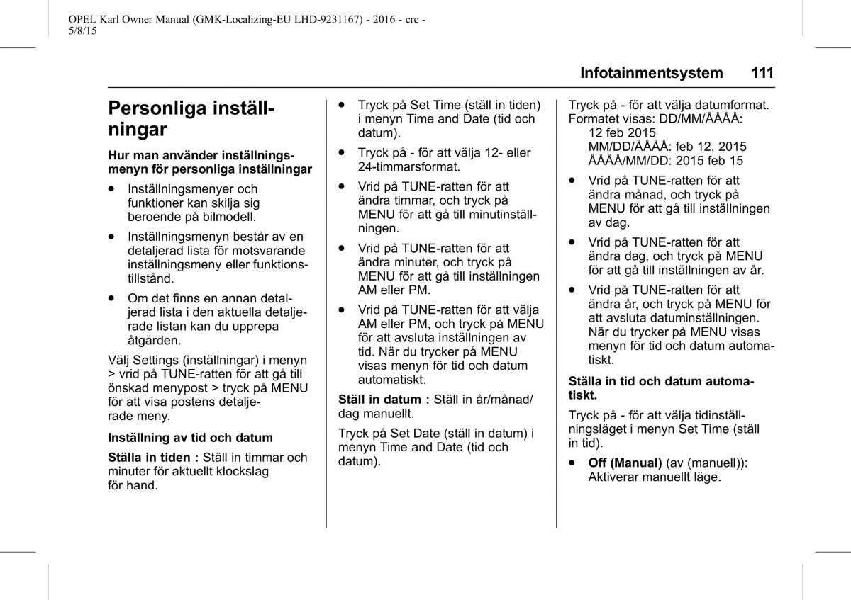 Opel Karl instruktionsbok / page 112