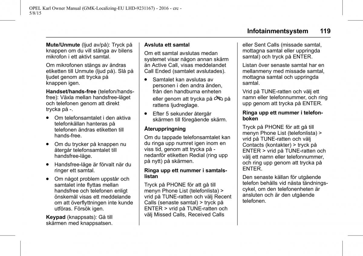 Opel Karl instruktionsbok / page 120