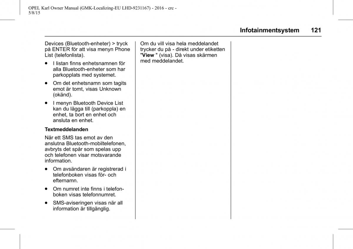 Opel Karl instruktionsbok / page 122