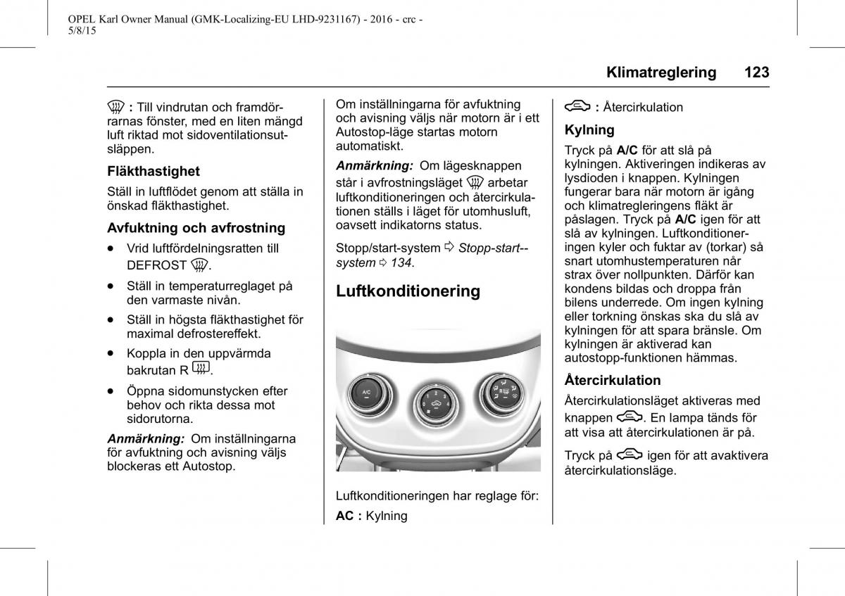 Opel Karl instruktionsbok / page 124