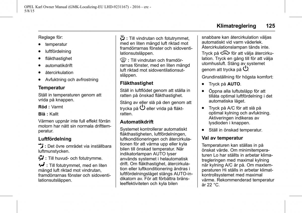 Opel Karl instruktionsbok / page 126