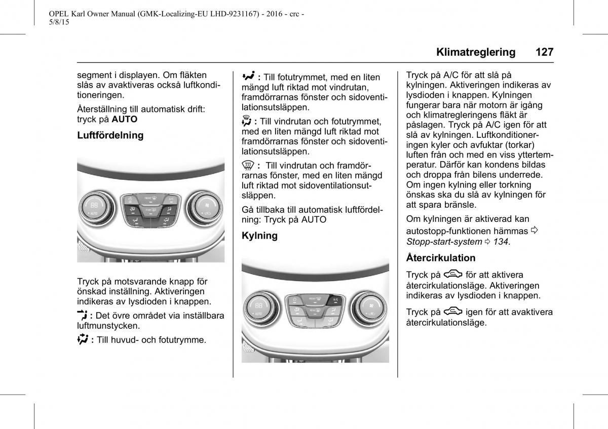 Opel Karl instruktionsbok / page 128